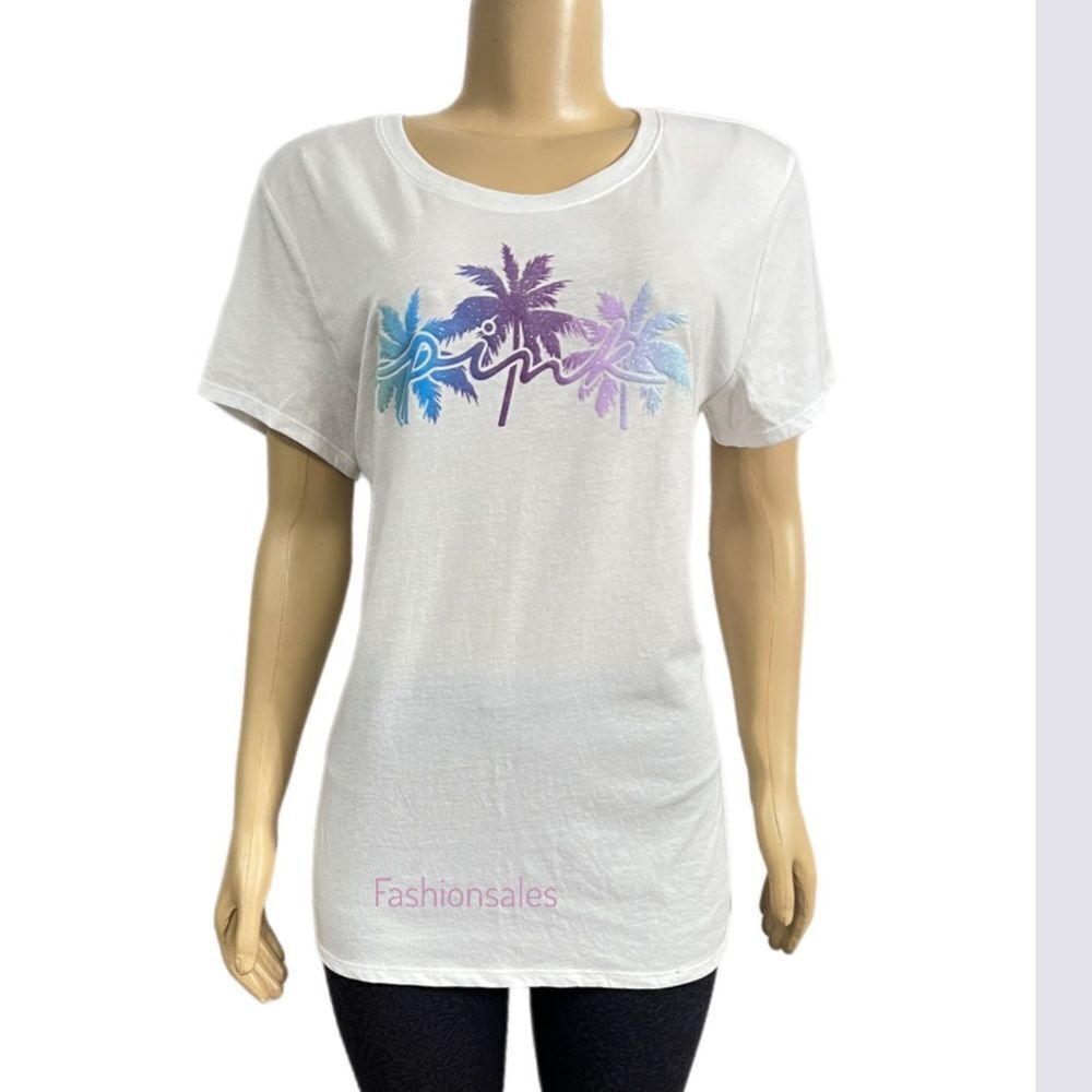 Victoria’s Secret Pink Everyday Crew Neck T-shirt Shimmer Palms White - Picture 4 of 5